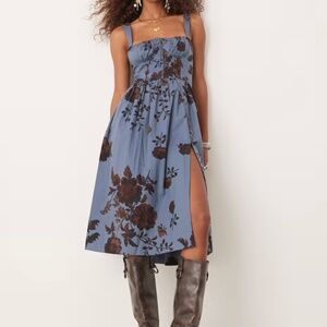Free People floral bloom print corset cami midi dress in deep blue